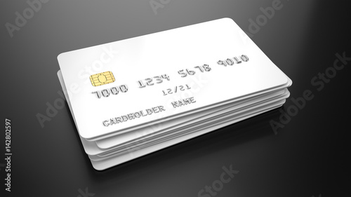 Stack of Blank white credit cards template on black background. 3d render