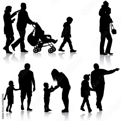 Set black silhouettes Family with pram on white background. Vector illustration