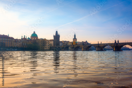 Cityscape view of famous Charles bridge and Vltava river, Prague