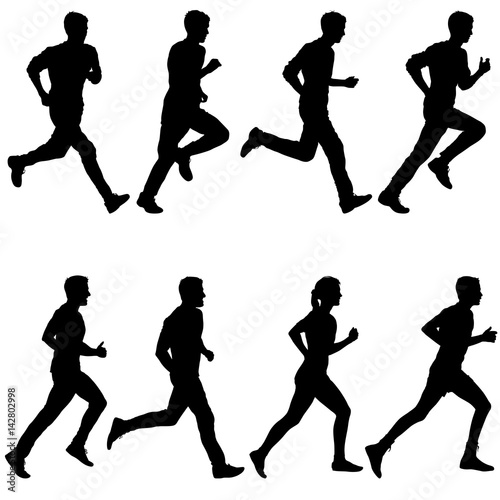 Set of silhouettes. Runners on sprint, men and woman