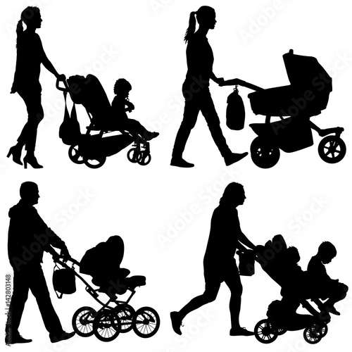 Set black silhouettes Family with pram on white background. Vector illustration