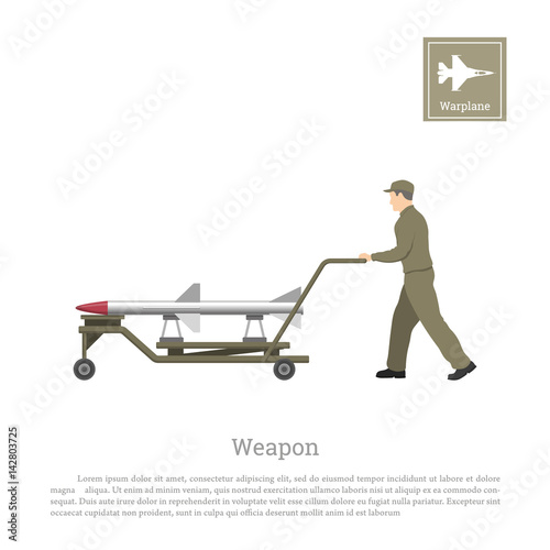 Mechanic transporting a rocket. Repair and maintenance of military aircraft. Aerospace industry. Vector illustration
