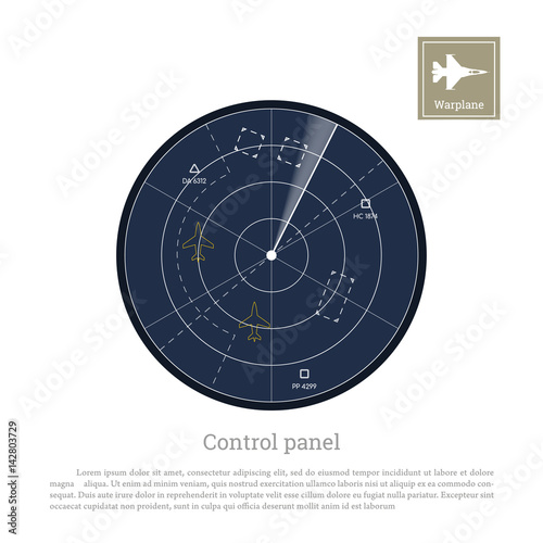 Military radar. Control panel for army aviation. Screen with map. Vector illustration