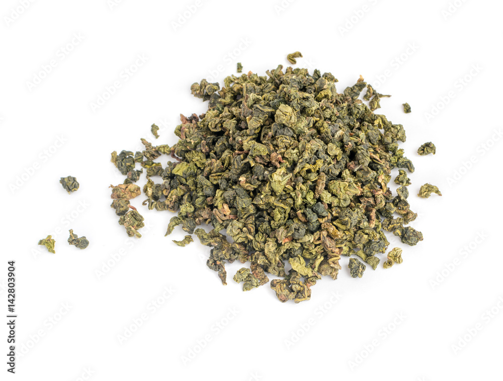 Dry Green Tea Leaves on White Background Dry Green Tea Leaves on White Background