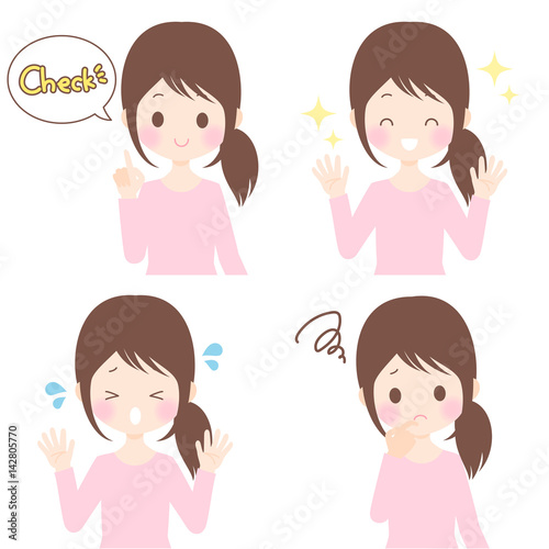 女性のイラスト　セット素材　チェック・喜ぶ・困る・悩む　白背景・ベクター
