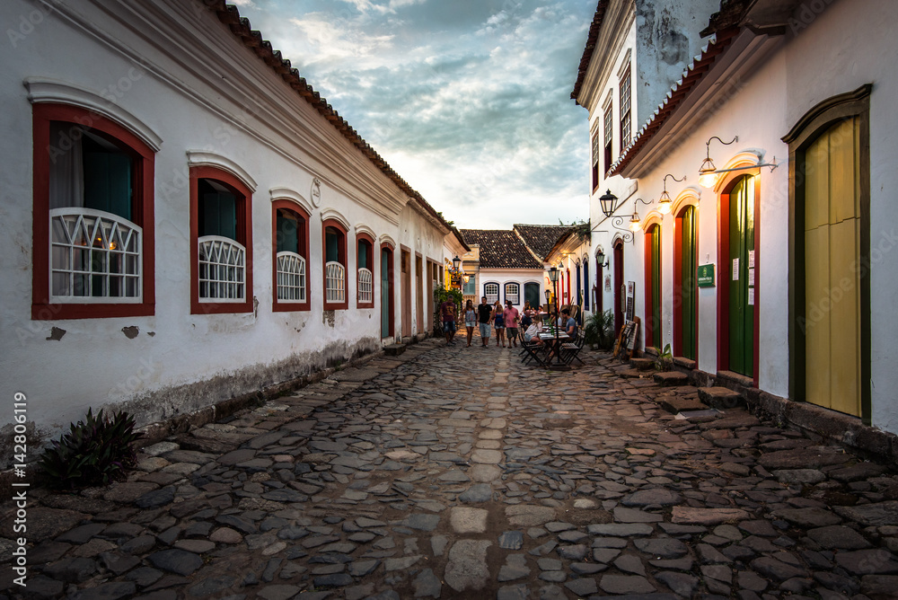 Cobblestone Streets and Colonial Portuguese Style Houses in Historical Center of Paraty, Brazil
