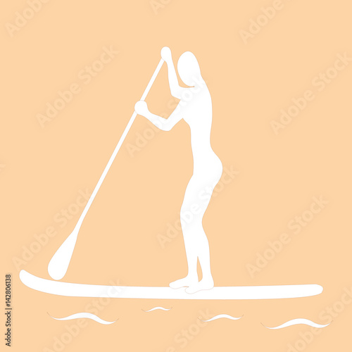 Vector illustration of stand up paddling female silhouette icon.