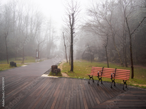 walkway in the thick fog and low light