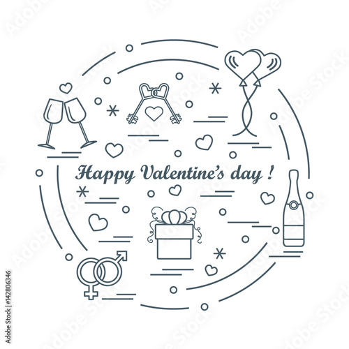 Cute vector illustration: gifts, balloons, stemware, keys, gender symbols, bottle with hearts and snowflakes arranged in a circle.