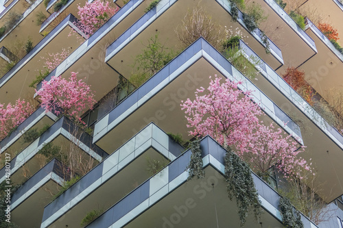 Modern Eco Building in Spring with Pink Cherry Trees