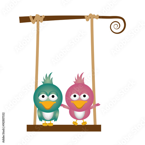 colorful background of caricature couple birds on swing vector illustration