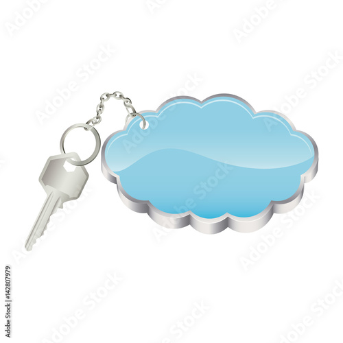 3D realistic metal key with keyring in cloud shape vector illustration