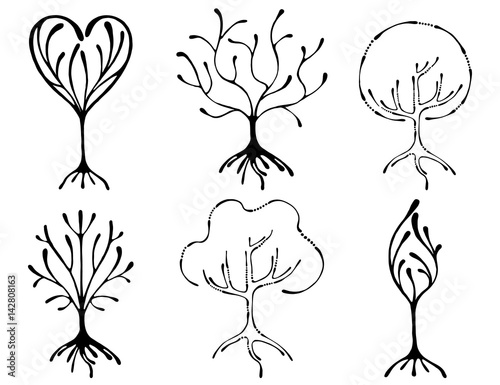 Vector set of hand drawn illustration, decorative ornamental stylized tree. Black and white graphic illustration isolated on the white background. Inc drawing silhouette.