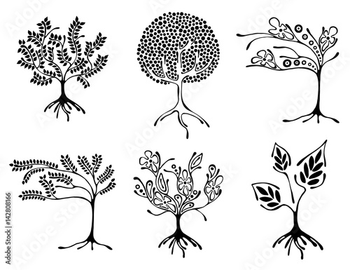 Vector set of hand drawn illustration, decorative ornamental stylized tree. Black and white graphic illustration isolated on the white background. Inc drawing silhouette.