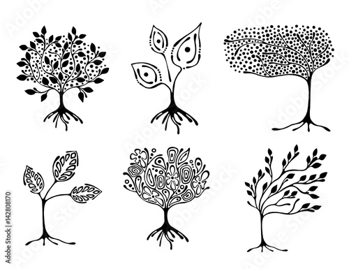 Vector set of hand drawn illustration, decorative ornamental stylized tree. Black and white graphic illustration isolated on the white background. Inc drawing silhouette.