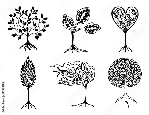 Vector set of hand drawn illustration, decorative ornamental stylized tree. Black and white graphic illustration isolated on the white background. Inc drawing silhouette.