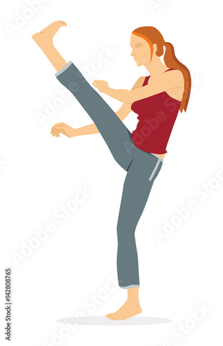 Capoeira; vector illustration. The barefoot girl performs a complex of capoeira movements: a panther, swing forward. Isolated on white background
