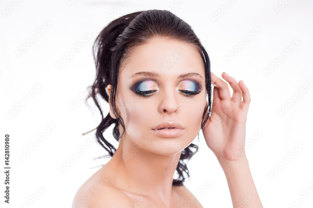 Colorful make-up woman face, beautiful brunette summer makeup, beauty fashion girl model with pink lips Colorful make-up woman face, beautiful brunette summer makeup, beauty fashion girl model with pink lips