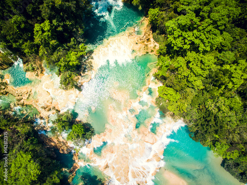 Top view at blue water river waterfalls, Chiapas, Mexico photo