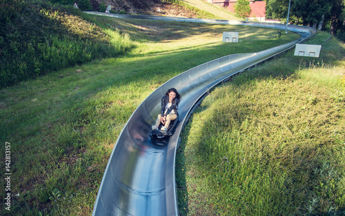 Stampa su tela Girl on the bobsleigh, Janov, Czechia