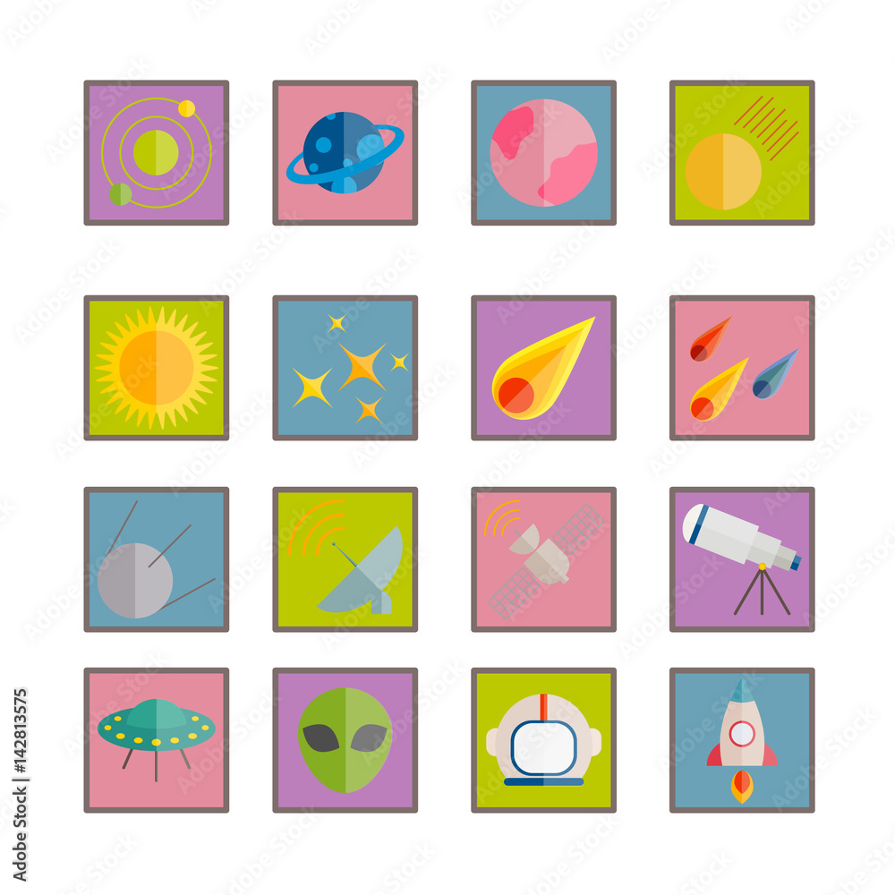 Collection of vector flat space icons. Colorful flat icons for web, mobile apps, print design