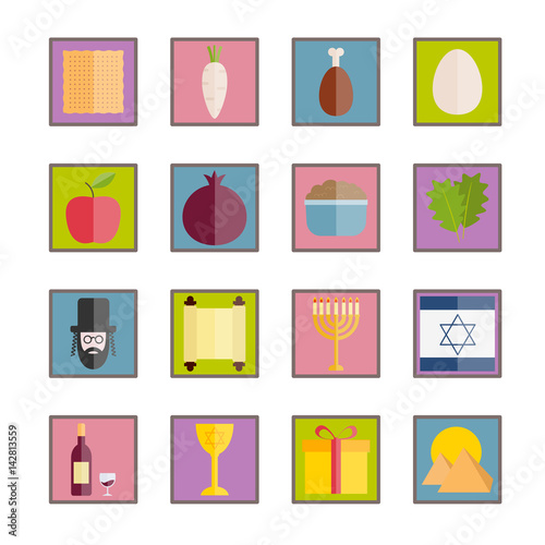 Collection of flat icons of Jewish holiday Passover
