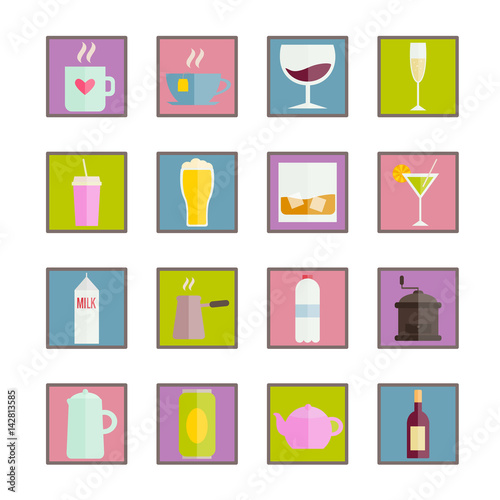 Collection of vector colorful flat drinks icons for web and mobile apps. Material design