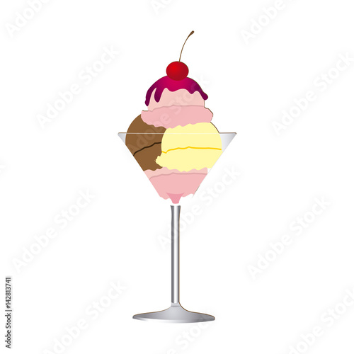 colorful realistic ice cream ball glass cup with cherry vector illustration