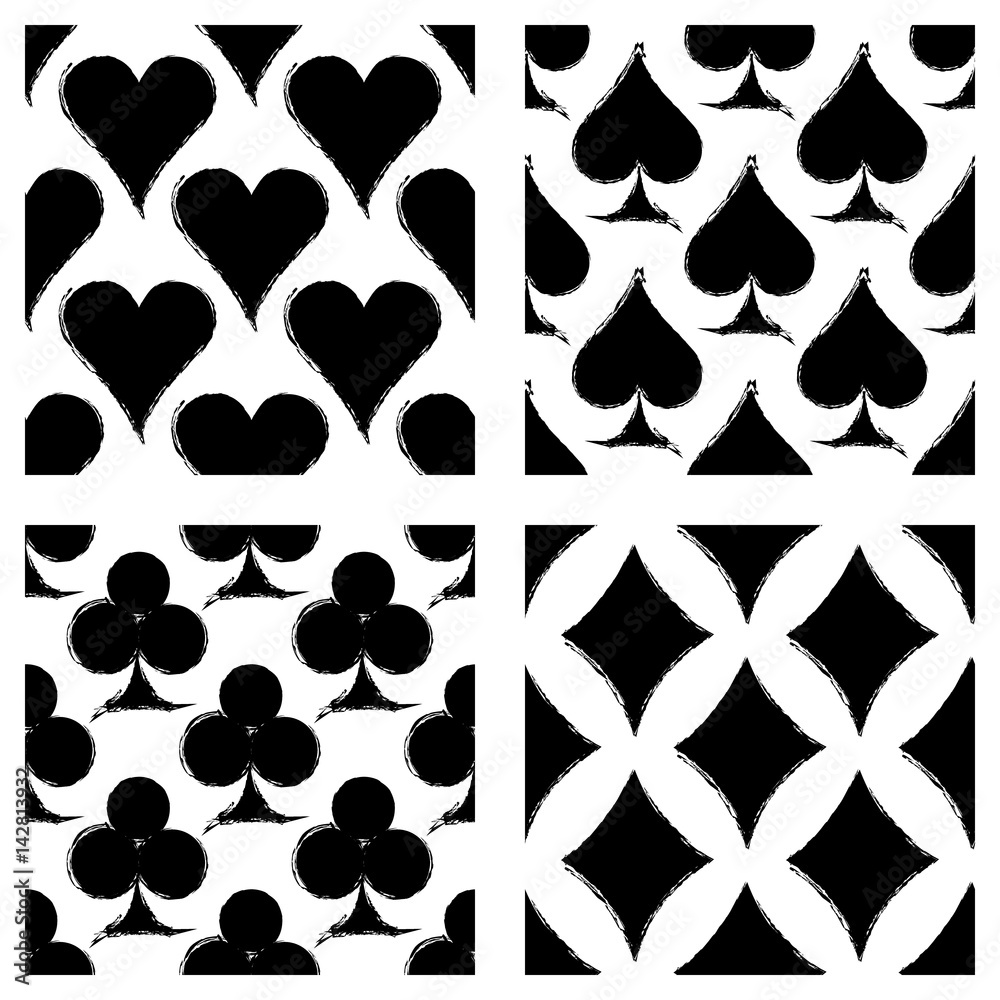 Vector set of seamless grunge patterns. Grungy graphic illustration of sign of playing card with ink blot, brush strokes. Endless background. Series of gaming and gambling seamless vector patterns. Vector set of seamless grunge patterns. Grungy graphic illustration of sign of playing card with ink blot, brush strokes. Endless background. Series of gaming and gambling seamless vector patterns.