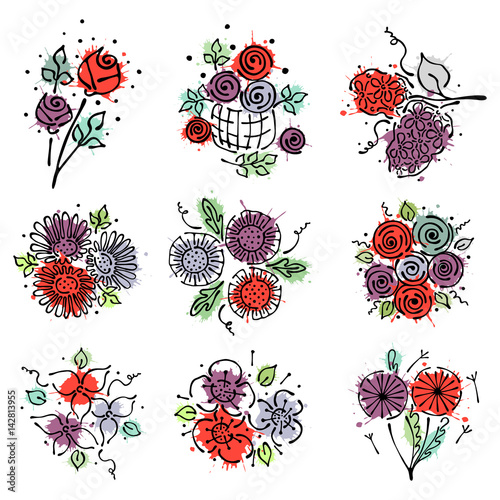 Vector floral set, graphic illustration. Flowers with leaves isolated on the white background. Hand drawn contour lines and strokes with splash, drops, spot. Outline drawing