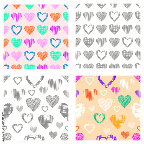 Fototapeta Naklejka Na Ścianę i Meble -  Set of seamless vector patterns with hearts. endless symmetrical backgrounds with hand drawn textured figures. Graphic illustration Template for wrapping, web backgrounds, wallpaper, cover, print,