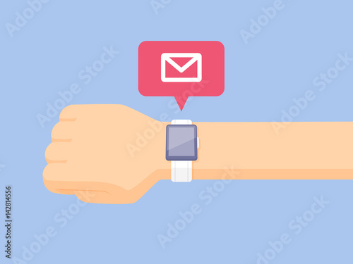 Human arm with smartwatch showing new messsage notification in speech bubble with envelope icon vector illustration in flat style
