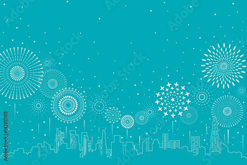 Vector illustration of a festive fireworks display over the city background design.