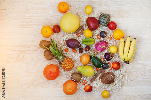 Exotic fruits with small overland turtle on wooden background. Healthy eating dieting food.