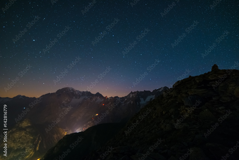Monte Bianco (Mont Blanc) nightscape with starry sky