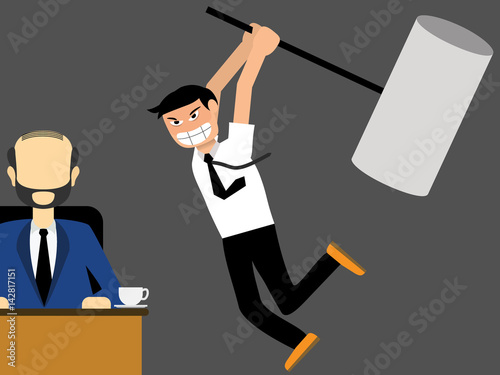 holding a huge mallet jumping