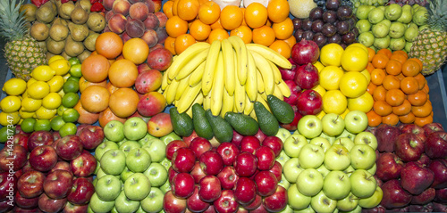 Fototapeta Naklejka Na Ścianę i Meble -  Wide angle photo of organic fruits on retail market