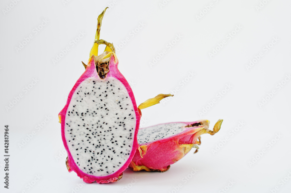 Exotic fruit pitaya or pitahaya, dragon fruit (Hylocereus undatus) isolated on white background. Healthy eating dieting food. Exotic fruit pitaya or pitahaya, dragon fruit (Hylocereus undatus) isolated on white background. Healthy eating dieting food.