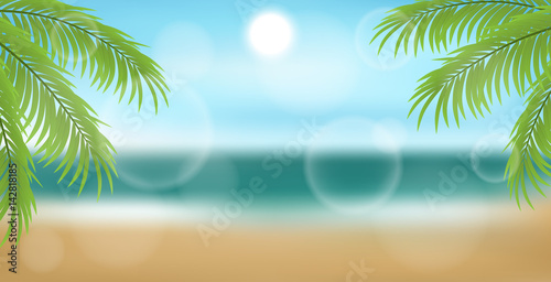 Realistic beach frame with palm tree leaf, and sun above the dea horizon. Design for summer and holiday banner and frame