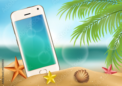 Realistic white smartphone illustration on beach, in the sand. Shells and palm tree as frame, with sea on background.