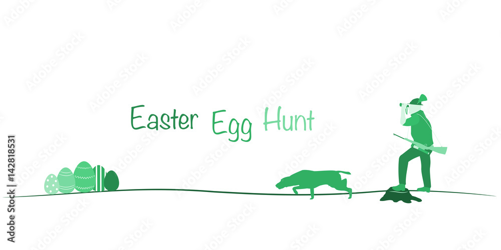 Easter egg hunt. Hunter and dog looking for Easter eggs. Green shade.