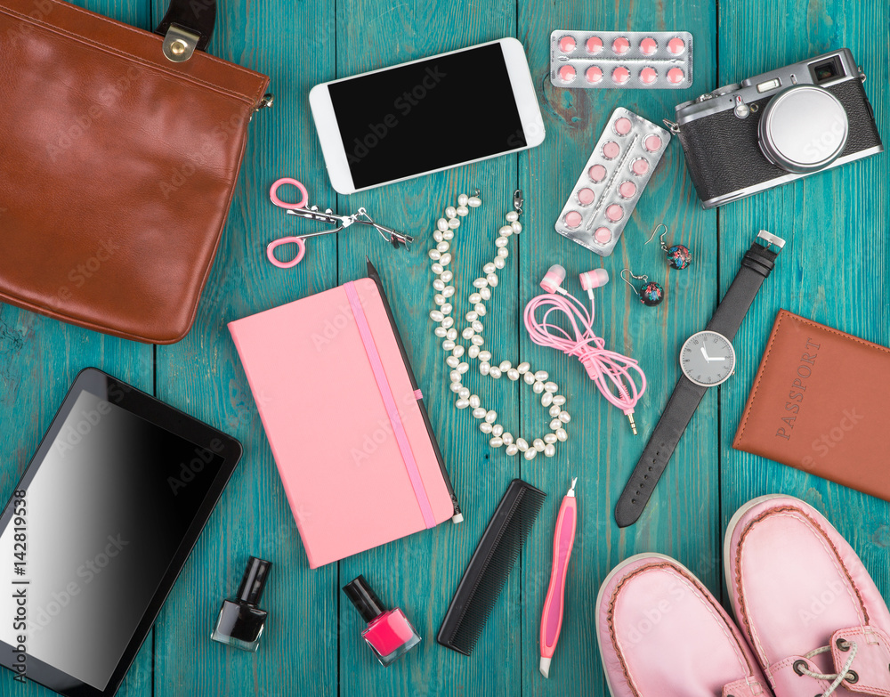 accessories, shoes, tablet pc, camera, bag, note pad, watch, headphones, blackboard and essentials accessories, shoes, tablet pc, camera, bag, note pad, watch, headphones, blackboard and essentials