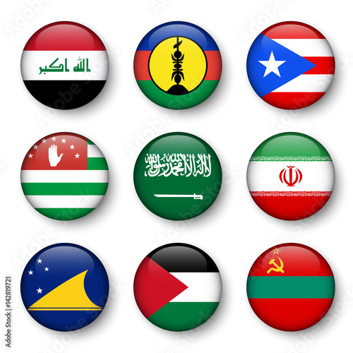 Set of world flags round badges ( Iraq . New Caledonia . Puerto Rico . Abkhazia . Saudi Arabia . Iran . Tokelau . Palestine . Transnistria )