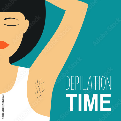 Depilation Vector illustration Girl in a white shirt is holding her hand behind her head Depilation of the armpits Poster template in flat design