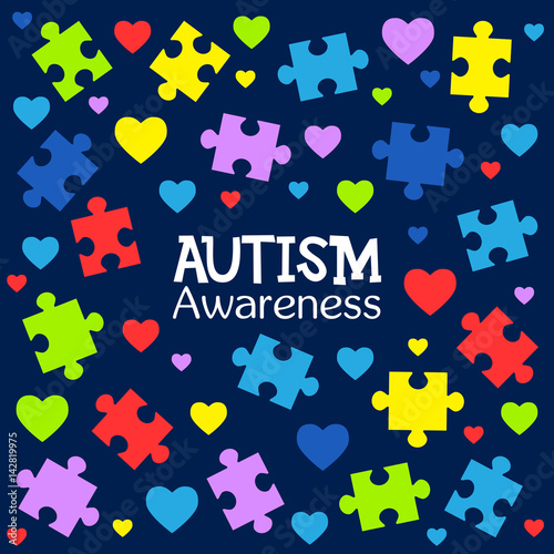 World autism awareness day. Colorful puzzles and hearts vector background. Symbol of autism. Medical flat illustration. Health care