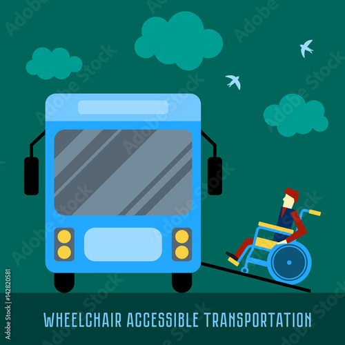 Wheelchair accessible transportation. Paratransit bus picking up passenger. Accessible bus. Access ramp for disabled persons in a bus. Flat vector illustration