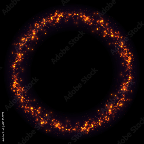 Fire Circle Frame. Abstract holiday background. Creative dynamic element, shiny space illustration. Christmas Magic Glittering Light. Shining Swirl Light. Vector Illustration