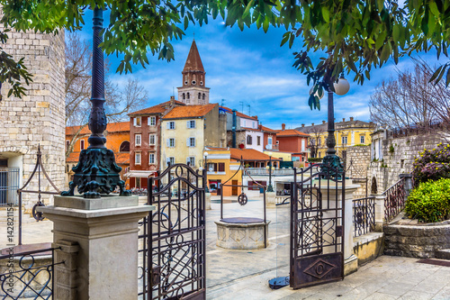 Zadar five wells square. / Marble architecture at Zadar town, view at old roman public square with ancient five wells as a symbol of town, Croatia - european travel places. photo