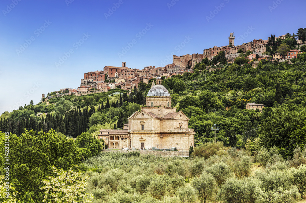 View of the city of Montepulciano and the church of Madonna di San Biagio, Tuscany, Italy