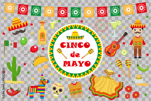 Cinco de Mayo celebration in Mexico, icons set, design element, flat style.Collection objects for Cinco de Mayo parade with pinata, food, sambrero, tequila, cactus. Vector illustration, clipart.